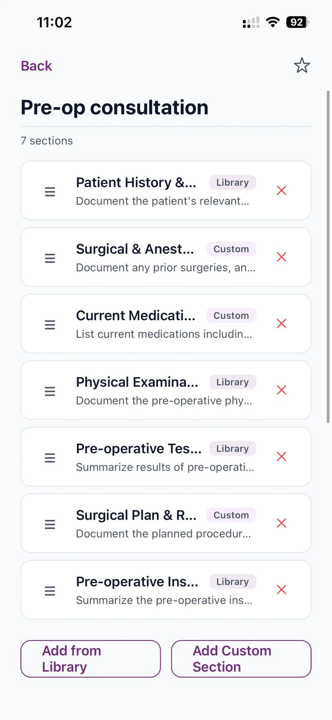 Template editor showing seven sections with Library and Custom tags