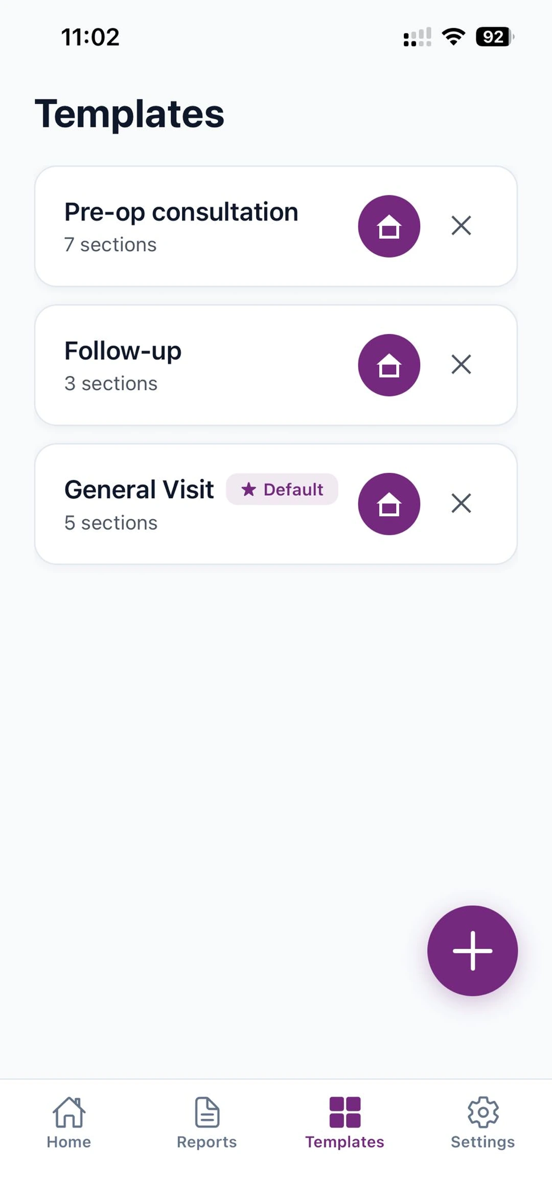 Templates tab showing Pre-op consultation, Follow-up, and General Visit