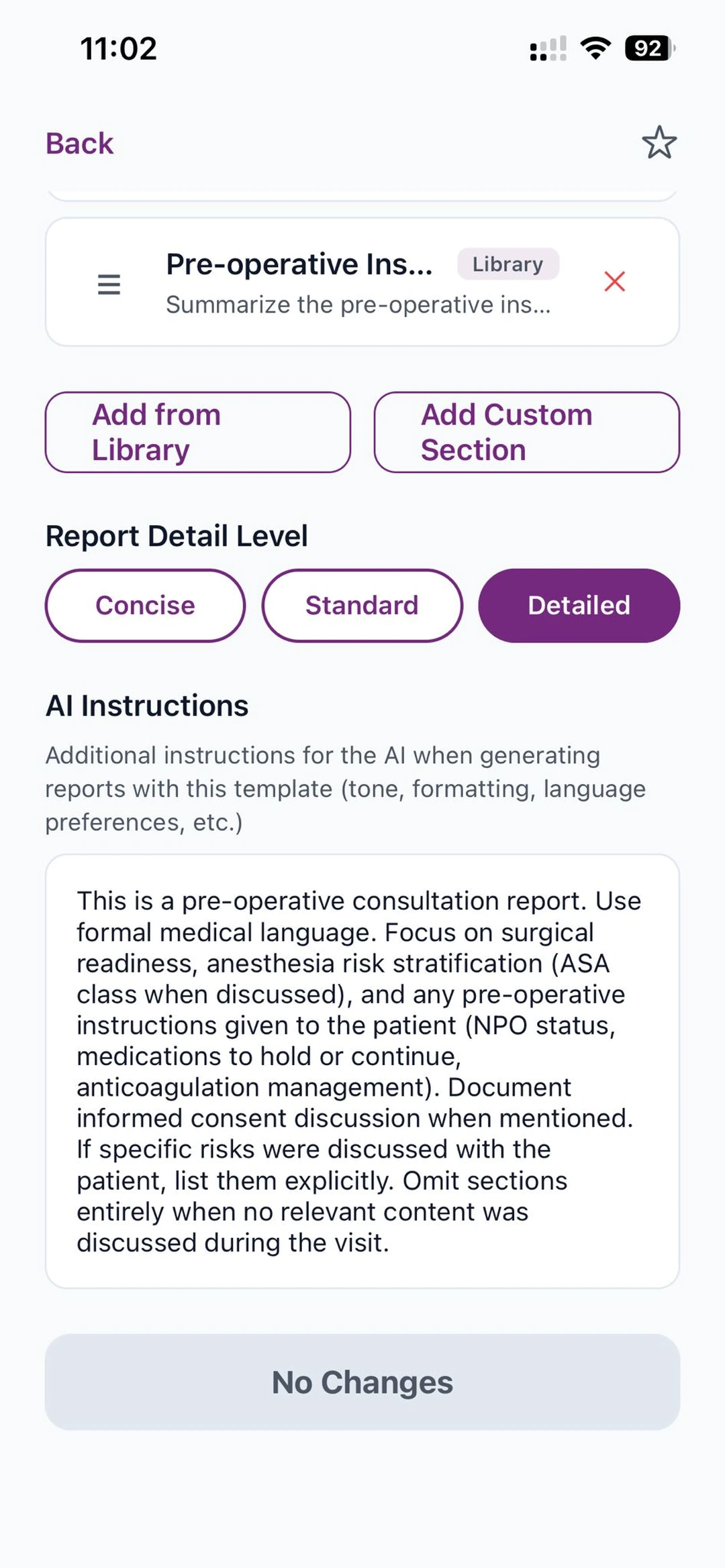 Detail level pills and AI Instructions text field